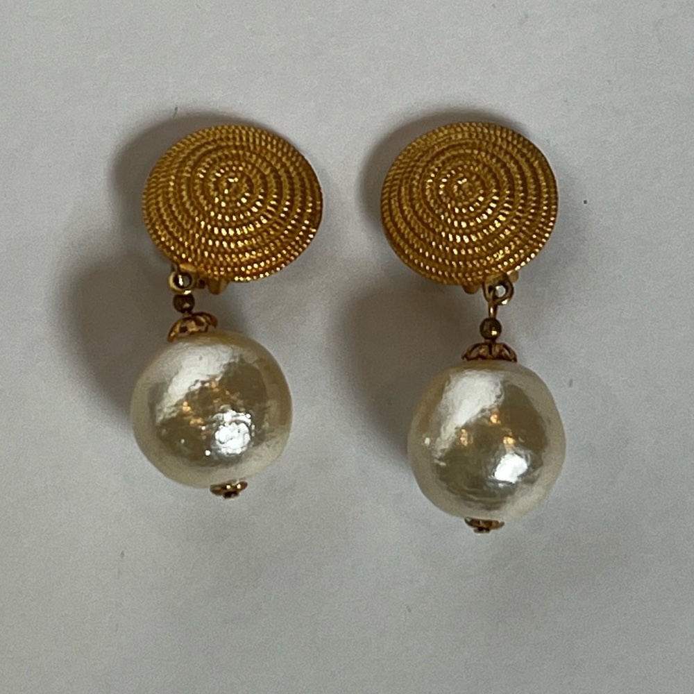 Ellen Designs Gold Tone Faux Pearl Large Bead Dangle Clip On Earrings